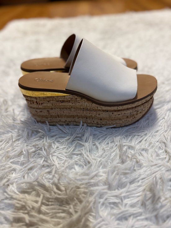 Chloe Camille Wedge Slide Sandals white Tan Gold Cork Platform - Picture 4 of 16